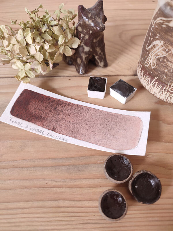 Aquarelle artisanale : terre d’ombre calcinée dans cupule de gland