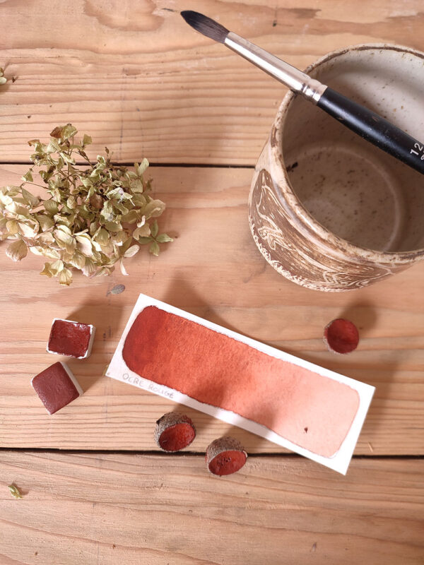Aquarelle artisanale : ocre rouge dans cupule de gland
